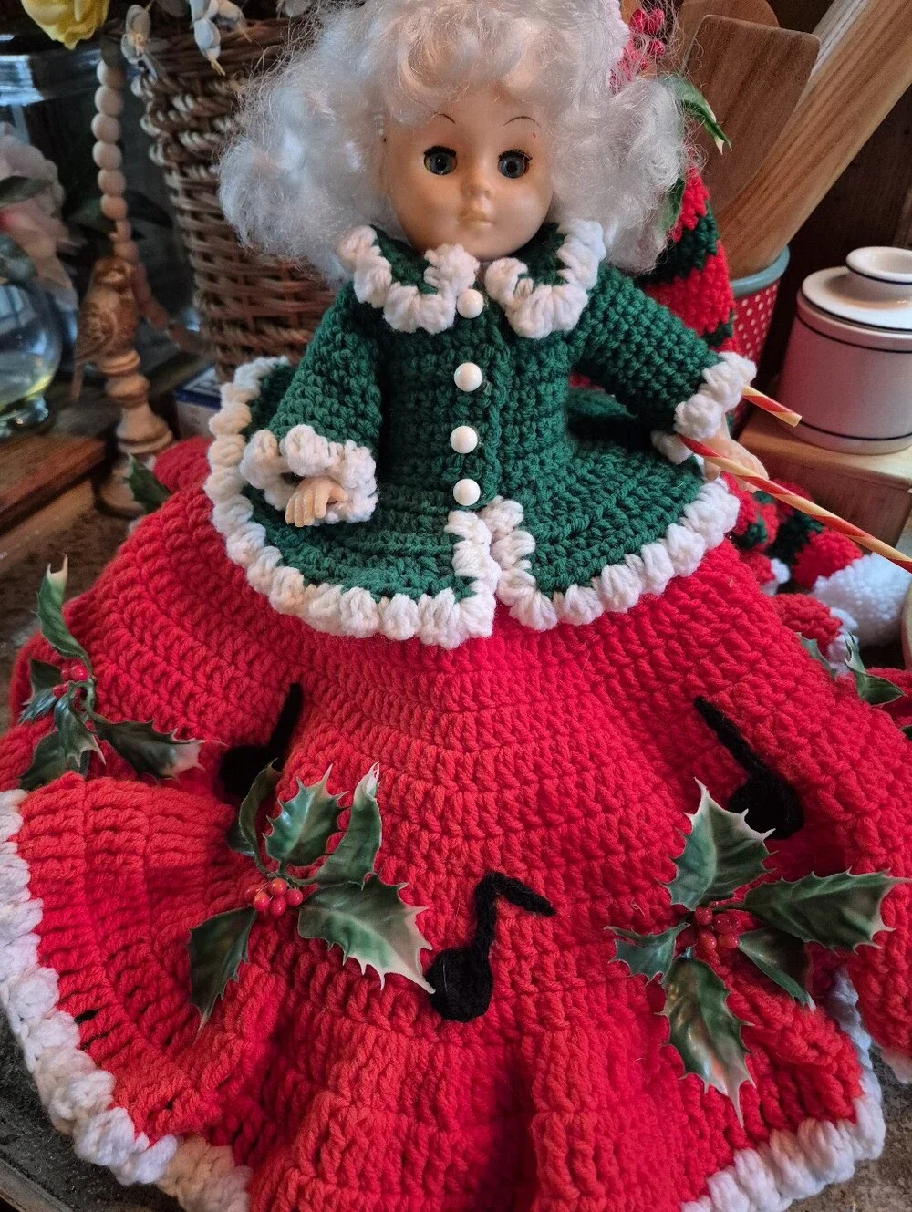 Vintage Christmas Pointsettia Large Crocheted Doll Full Size W/Moveable Limbs